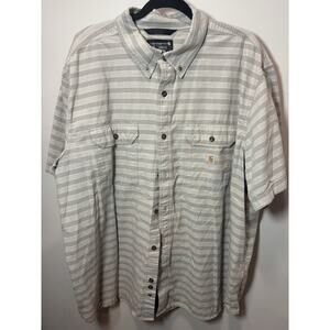 Carhartt Men’s 2XL Loose Fit Striped Button Down Shirt Gray White Short Sleeve